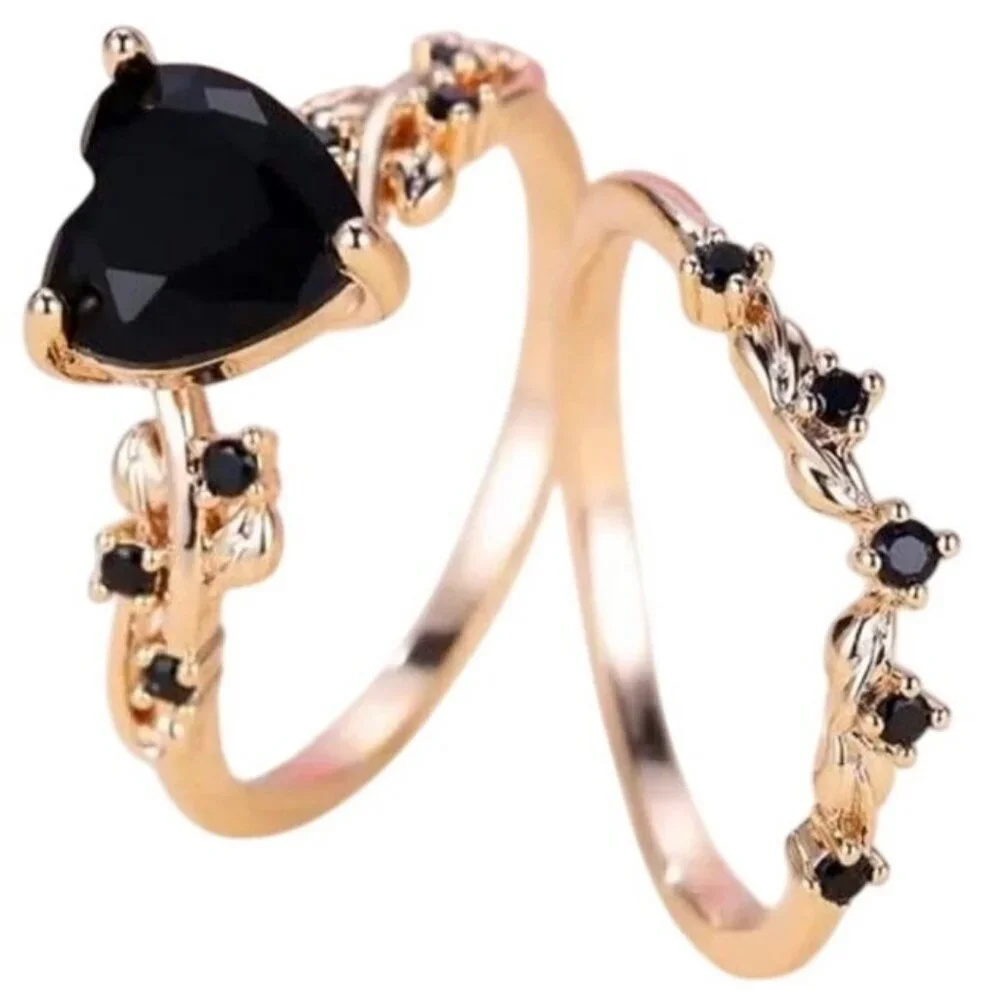 Heart Shaped Natural Onyx 2 piece Timeless rose gold Engagement Bridal Ring Set